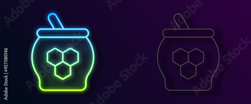 Glowing neon line Jar of honey and honey dipper stick icon isolated on black background. Food bank. Sweet natural food symbol. Honey ladle. Vector