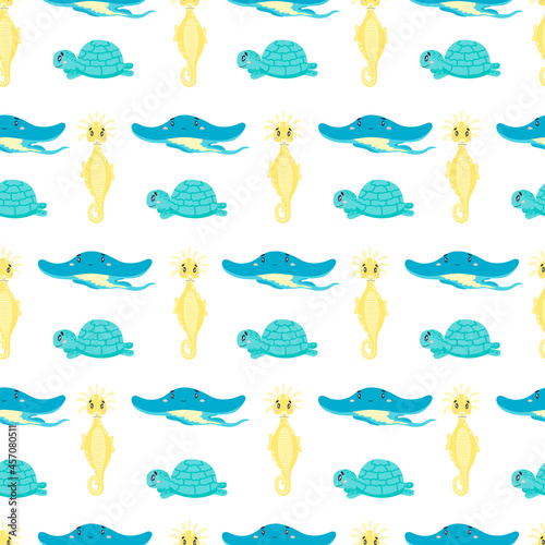 seamless pattern with seahorse, stingray, turtle. pastel colors, yellow, blue, turquoise. cartoon flat style. underwater world, marine theme, ocean animals