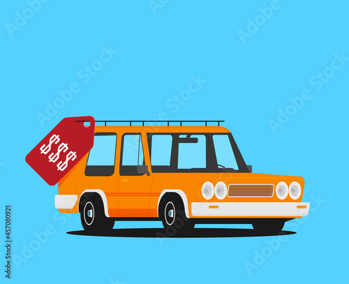 picture of human hand holding tray with car, flat style illustration