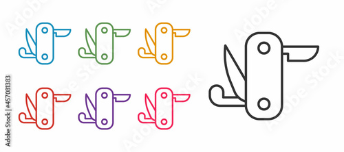 Set line Swiss army knife icon isolated on white background. Multi-tool, multipurpose penknife. Multifunctional tool. Set icons colorful. Vector