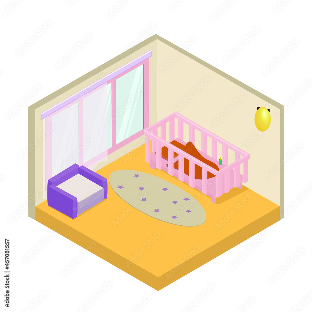 Vector isometric illustration of a nursery for a newborn girl. A cute children's room with a crib, a baby bottle, an armchair and a lamp.