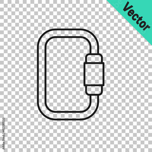 Black line Carabiner icon isolated on transparent background. Extreme sport. Sport equipment. Vector