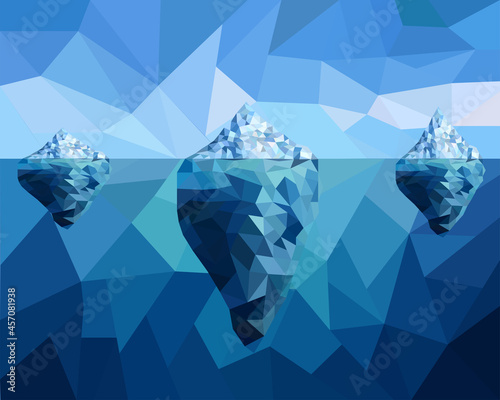 Beautiful abstract poster with blue iceberg ocean low poly on deep background. Abstract geometric background. Blue geometric background. Ocean background. Blue sea water.