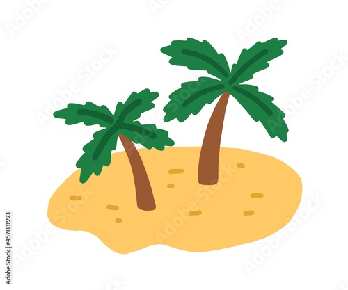 Sand island with palm trees. Tropical deserted uninhabited land with exotic plants and sandy beach in doodle style. Flat vector illustration isolated on white background