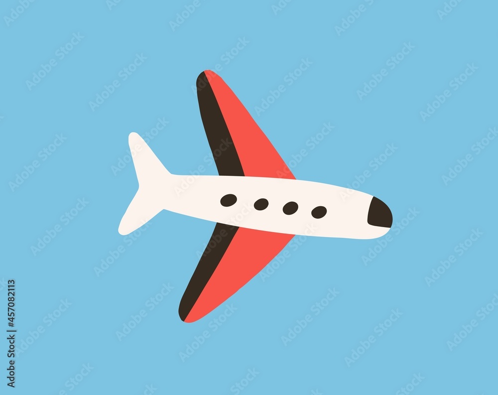 Air plane flying in clear sky. Flight of toy aircraft. Doodle airplane with wings fly. Traveling by aeroplane. Airliner side view. Childish colored flat vector illustration Air plane flying in clear sky. Flight of toy aircraft. Doodle airplane with wings fly. Traveling by aeroplane. Airliner side view. Childish colored flat vector illustration