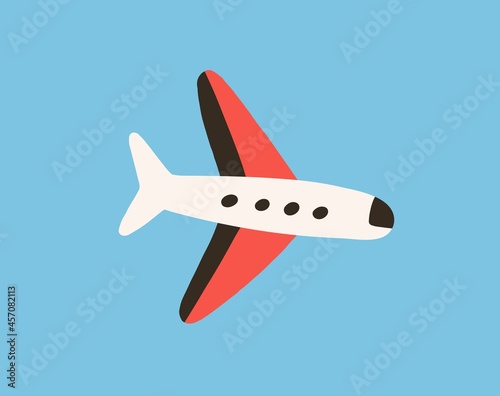 Air plane flying in clear sky. Flight of toy aircraft. Doodle airplane with wings fly. Traveling by aeroplane. Airliner side view. Childish colored flat vector illustration