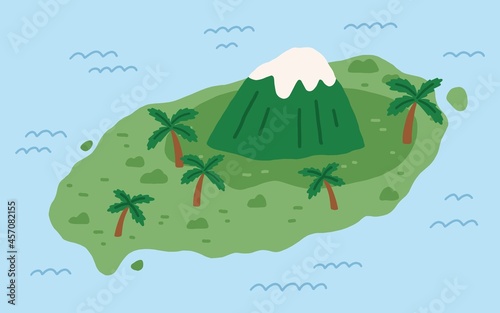 High mountain peak on remote Korean island with palm trees. Jeju Do landmark in Korea. Land and Hallasan among sea water. Jejudo landscape. Flat vector illustration of Halla volcano mount