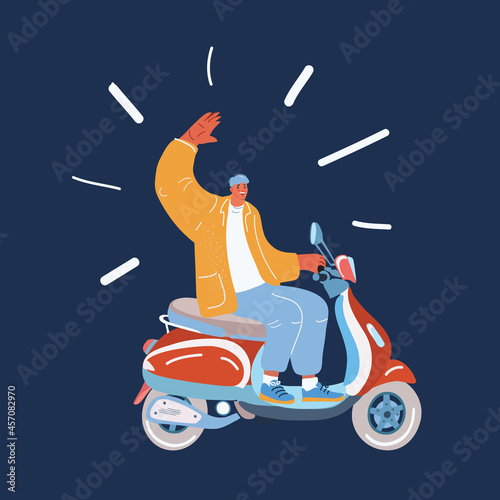 Vector illustration of modern scooter. Man riding moped over dark backround