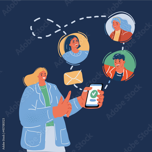 Vector illustration of woman chatting with friends or coworkers over dark backround