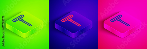 Isometric line Garden rake icon isolated on green, blue and pink background. Tool for horticulture, agriculture, farming. Ground cultivator. Housekeeping equipment. Square button. Vector