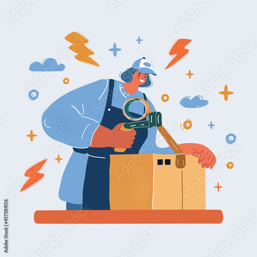 Vector illustration of Smiling modern business woman with large cardboard box. Stock