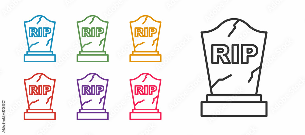 Set line Tombstone with RIP written on it icon isolated on white background. Grave icon. Happy Halloween party. Set icons colorful. Vector