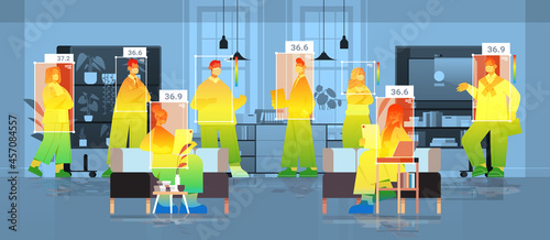 detecting elevated body temperature of businesspeople in office checking by non-contact thermal ai camera stop coronavirus