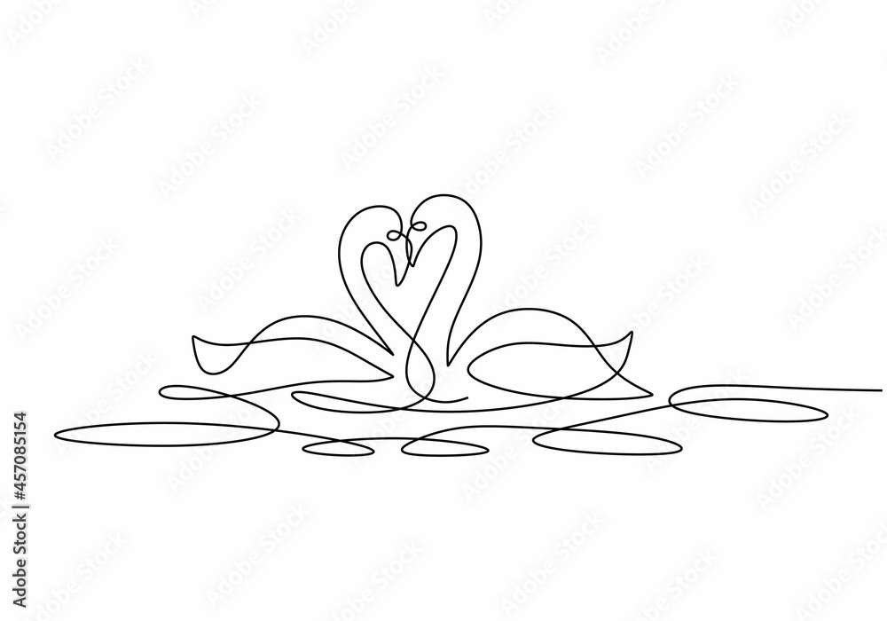One continuous line drawing of cute swans couple swimming on the lake and  their heads formed romantic heart shape. Romantic animal love concept  single line graphic draw design vector illustration 3592176 Vector