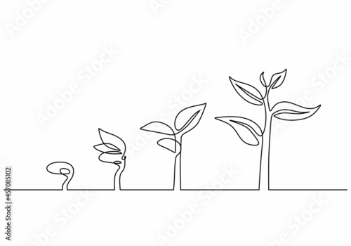 Continuous line drawing of step of tree growth. Plants grow isolated on white background or plant seed, growing and cultivation with one line drawing style.