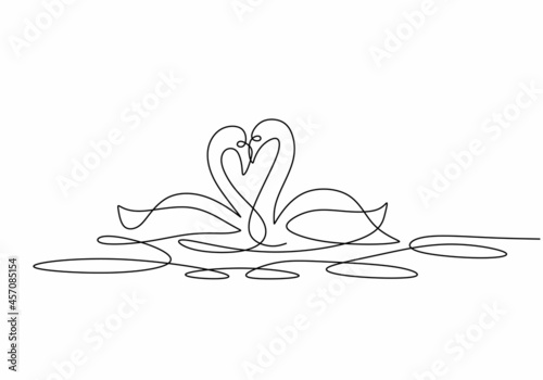 continuous line drawing of two beautiful swans gliding together. One continuous line drawing of cute swans couple swimming on the lake and their heads formed romantic heart shape.