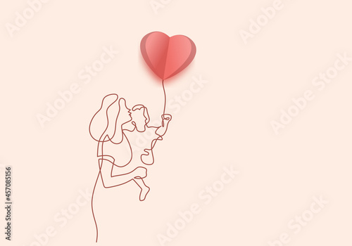Continuous one line drawing of young mother hold her baby with pink air balloons shaped as heart. Happy Mother day card. Family parenthood concept. Character mom with a kid.