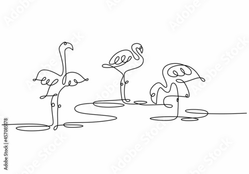Single continuous one line drawing of three tropical bird flamingos isolated on white background. One continuous line drawing of three egrets standing on their leg