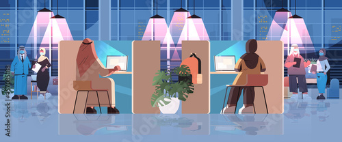 arab businesspeople in masks working in creative coworking center business meeting teamwork concept