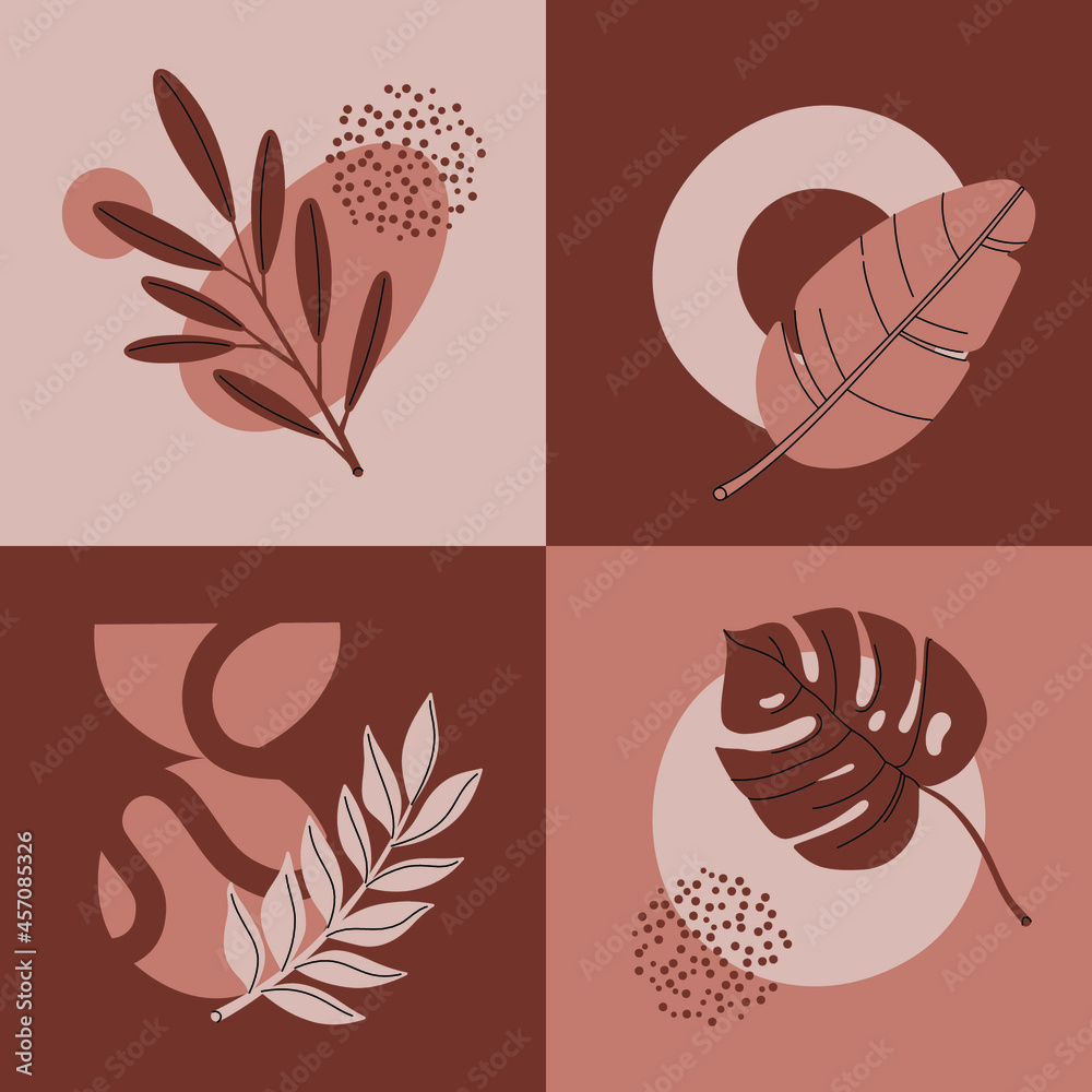 Illustration in pastel colors. Abstract geometric elements and strokes, leaves and berries. Great design for social media, postcards, print