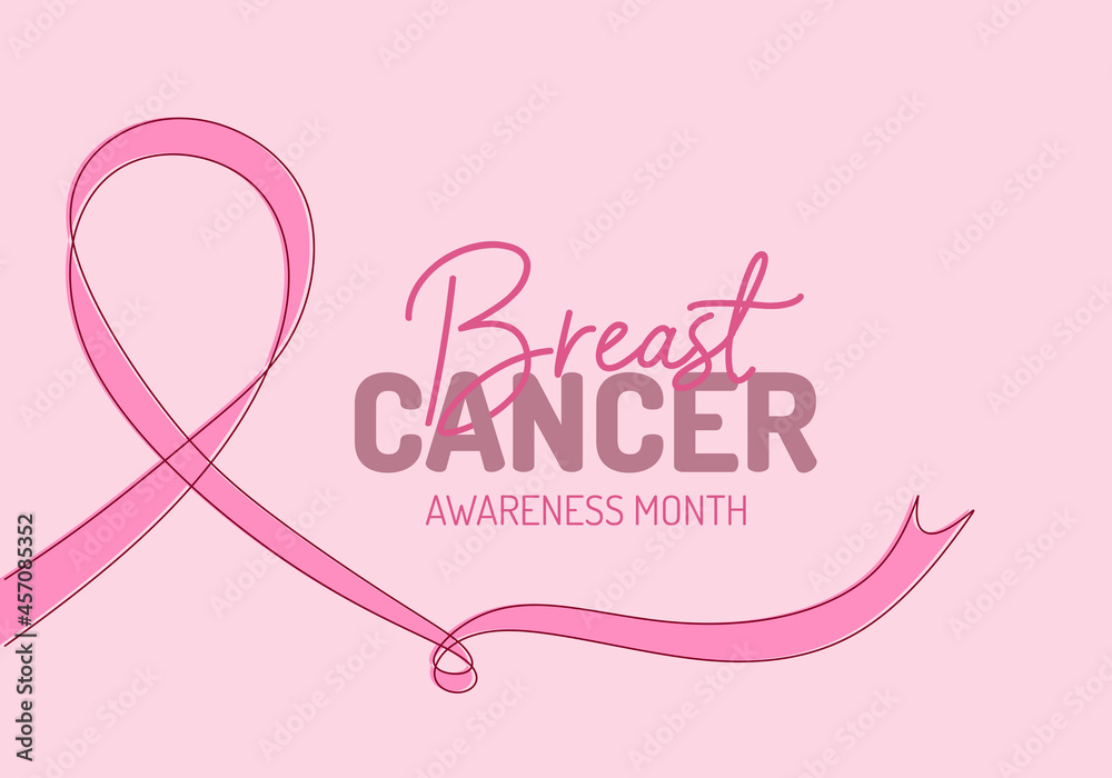 Continuous one single line of abstract of big pink ribbon isolated on pink background for National Breast Cancer Awareness month poster.