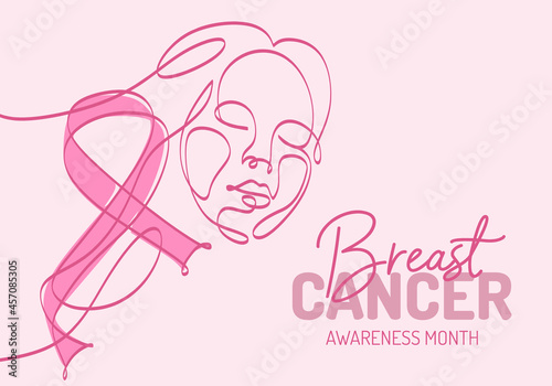 Continuous one line art background of National Breast Cancer Awareness month with pink ribbon and abstract woman face isolated on pink background.