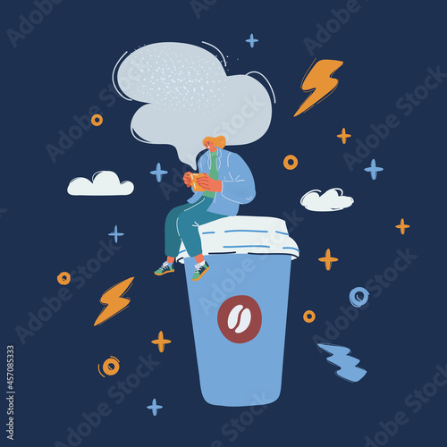 Vector illustration of woman drink Coffee over dark backround.