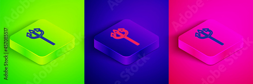 Isometric line Trident devil icon isolated on green, blue and pink background. Happy Halloween party. Square button. Vector