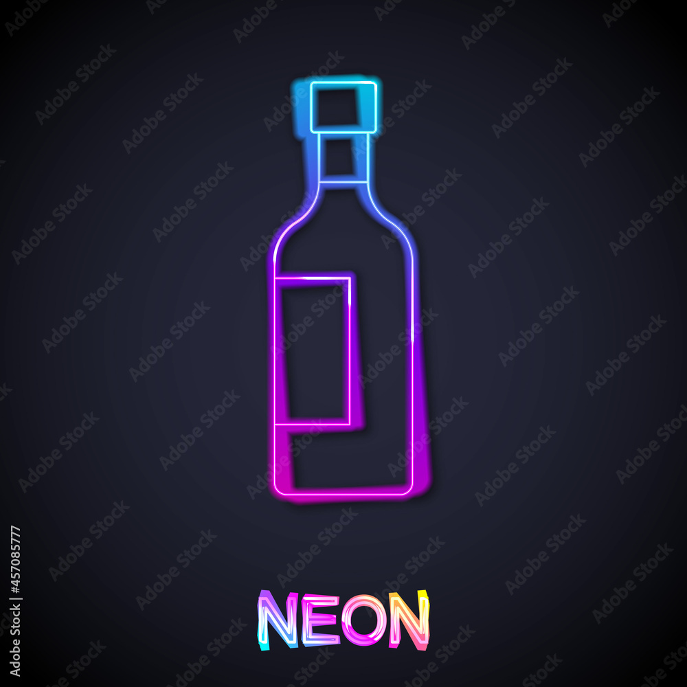 Glowing neon line Bottle of wine icon isolated on black background. Vector Glowing neon line Bottle of wine icon isolated on black background. Vector