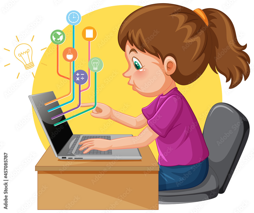 A girl using laptop computer for distance learning online A girl using laptop computer for distance learning online