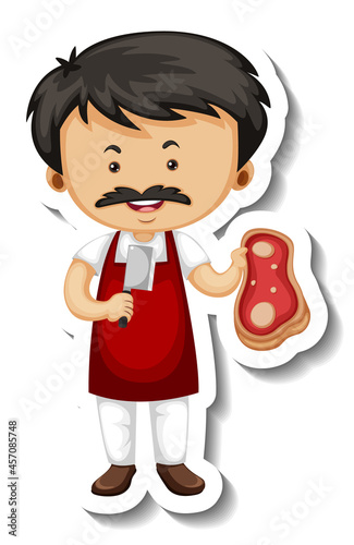 Sticker template with a meat seller man cartoon character isolated