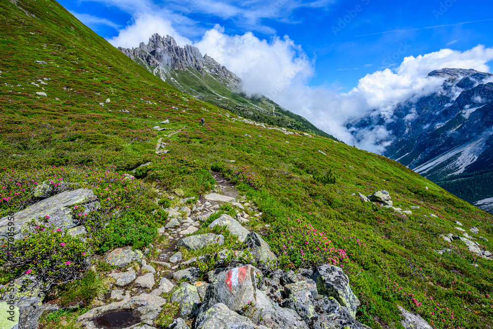 The Elferspitze (2505m) in Stubai Alps in Austria in clouds. 