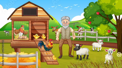 Farm at daytime scene with old farmer man and farm animals