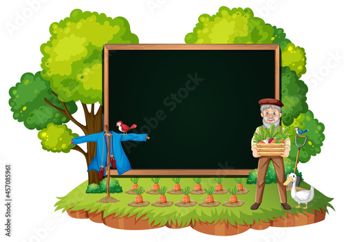 Empty banner template with old farmer man in the garden scene isolated