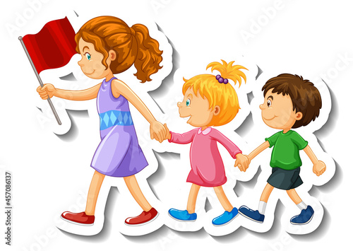 Sticker template with a teacher and children walking in a line