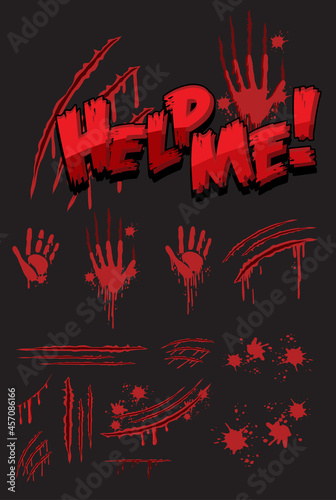 Help Me text design with bloody hand prints