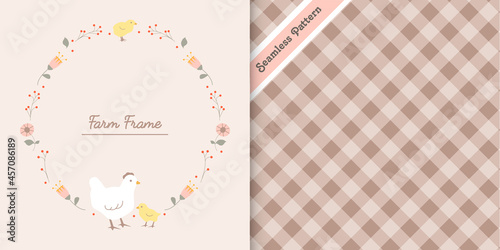 farm frame with chickens, hen and checkered seamless pattern