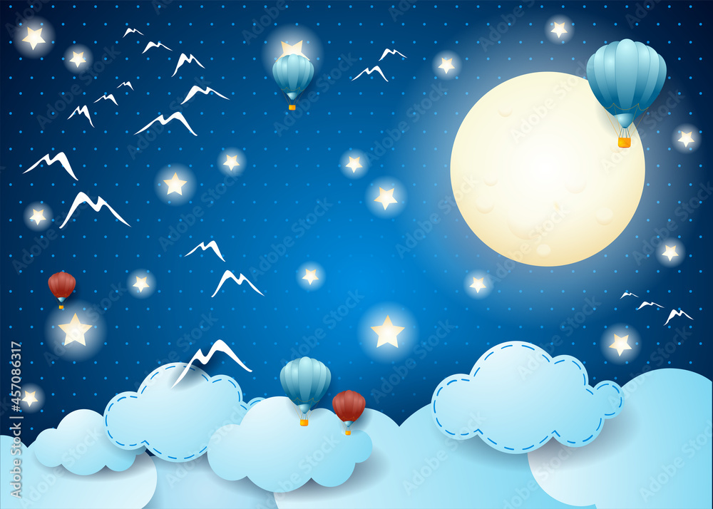 Fantasy sky with full moon, birds, balloon and lights. Paper art. Vector illustration eps10 Fantasy sky with full moon, birds, balloon and lights. Paper art. Vector illustration eps10