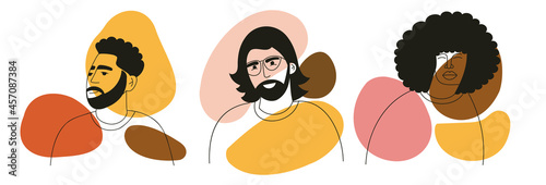 Abstract line drawing aesthetic portrait man with stylish hairstyle. Minimalist concept with modern diverse guy. Set of trendy different male faces. Vector minimal linear illustration, isolated white