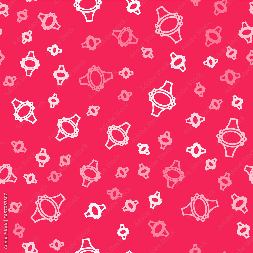White line Diamond engagement ring icon isolated seamless pattern on red background. Vector