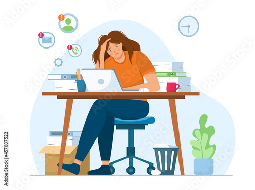 Tired office worker.Professional burnout syndrome.Unhappy woman sitting at workplace with paper document piles vector illustration. Deadline concept.Overworked woman with laptop holding hand on head