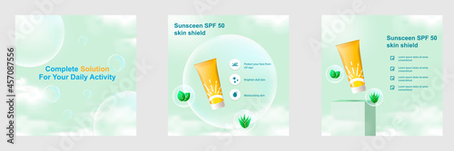 Minimal modern beauty fashion cosmetic social media square post banner in green color. For product knowledge, display, price catalog advice template with sky cloud, soap bubble sphere