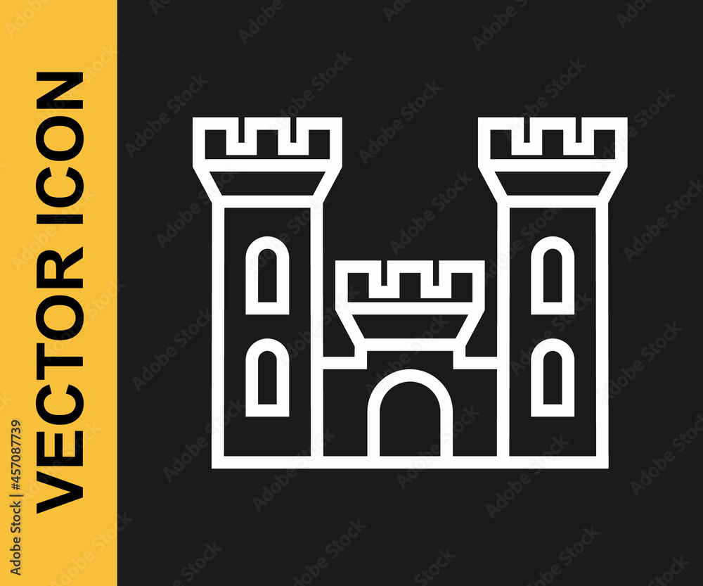 White line Castle icon isolated on black background. Medieval fortress with a tower. Protection from enemies. Reliability and defense of the city. Vector