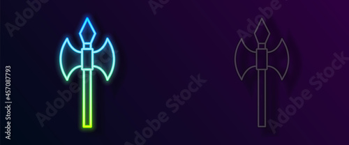 Glowing neon line Medieval axe icon isolated on black background. Battle axe, executioner axe. Medieval weapon. Vector