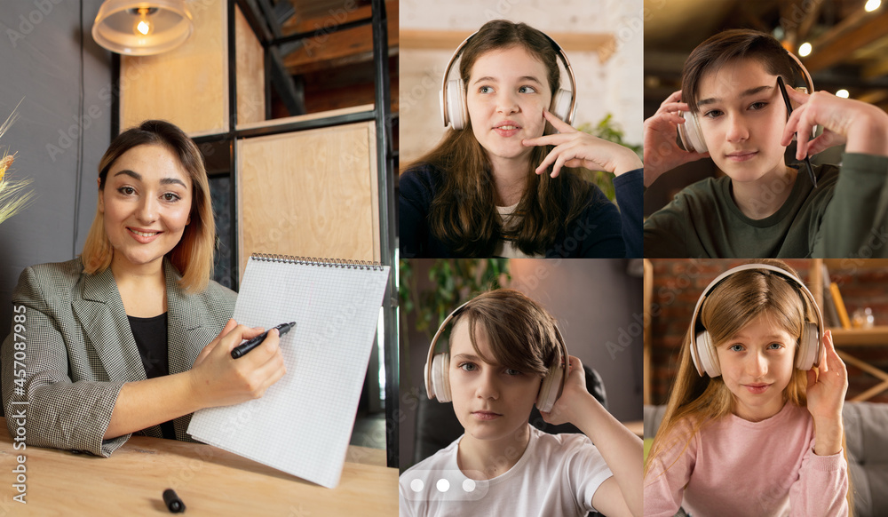 Study Group Video Call Collage. Group of kids, students studying by group video call, use ...