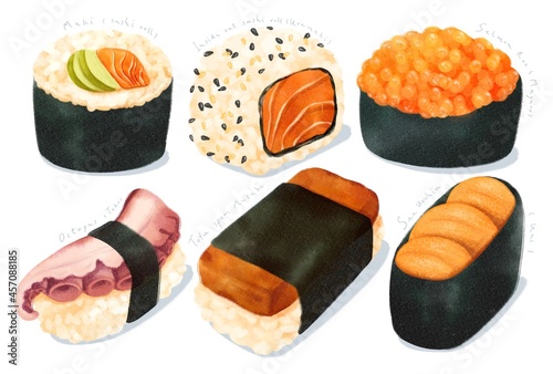 Set of Sushi Japanese food illustrations watercolor styles