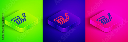 Isometric line Marine bollard with rope tied on pier icon isolated on green, blue and pink background. Square button. Vector