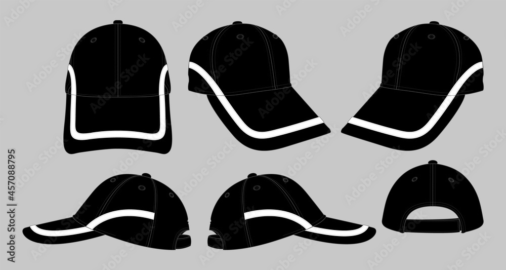 Sport black baseball cap with white line-trim style design on gray background vector. Sport black baseball cap with white line-trim style design on gray background vector.