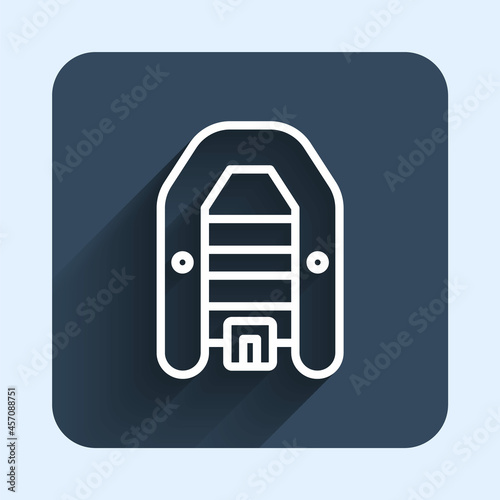 White line Inflatable boat with outboard motor icon isolated with long shadow background. Blue square button. Vector