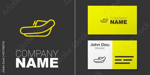 Logotype line Inflatable boat with outboard motor icon isolated on grey background. Logo design template element. Vector